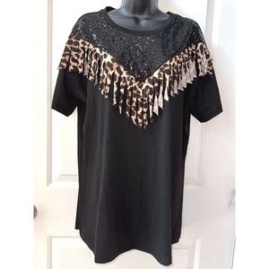 Sunshine & Rodeos black tee with sequins and Leo print fringe